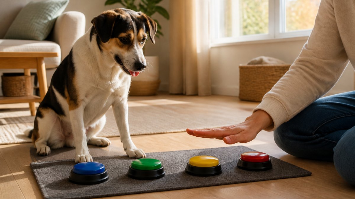 Person reaching toward colorful recordable buttons on a mat next to a dog in a sunny living room