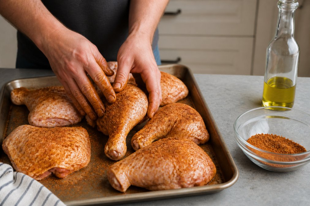 Close-up of hands massaging a dry spice rub onto raw chicken pieces on a rimmed baking sheet, with a small bowl of spice blend and a bottle of olive oil nearby on a kitchen counter