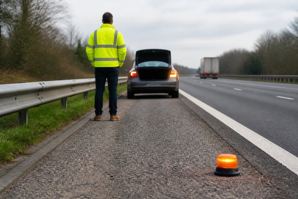 How to Use Emergency Beacons Safely Motorist standing safely away from vehicle on hard shoulder with emergency beacon activated and hazard lights flashing, demonstrating proper positioning during motorway breakdown