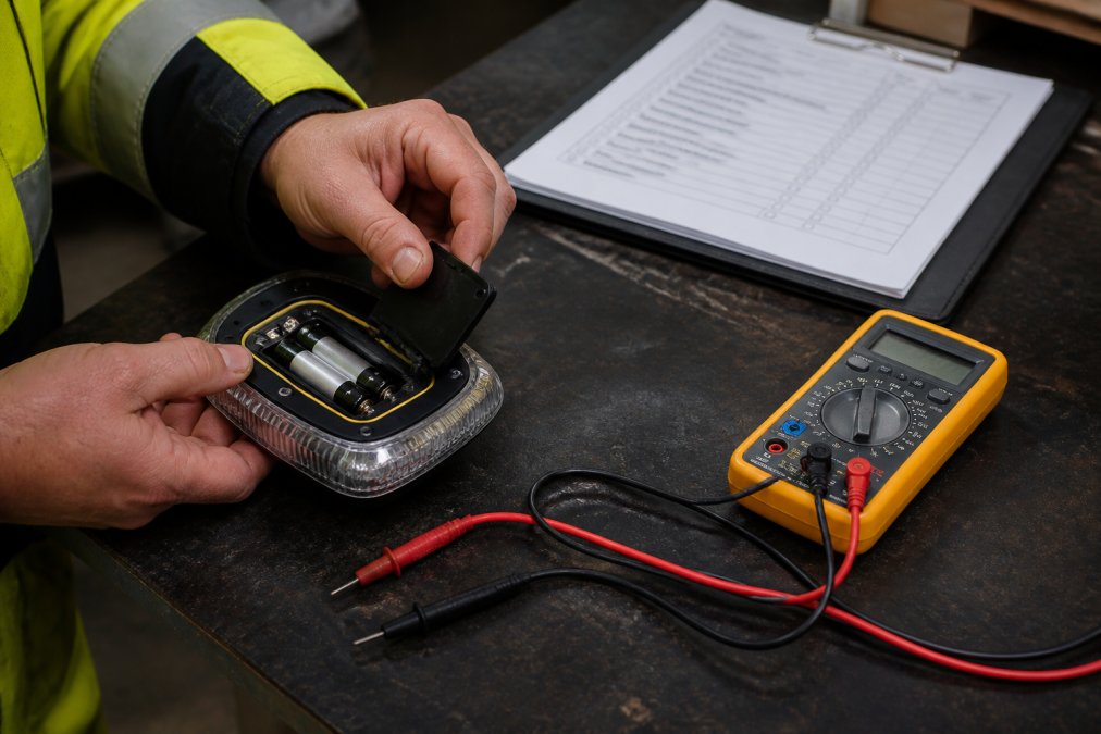 How to Use Emergency Beacons Safely Close-up of hands opening emergency beacon battery compartment, checking battery contacts and testing indicator light with multimeter, showing maintenance checklist on workbench