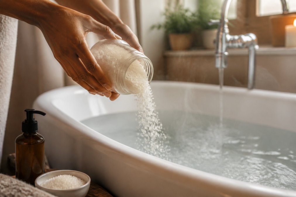 Person pouring epsom salt from a container into a warm bathtub with steam rising, hands visible in close-up, relaxed bathroom setting with soft lighting