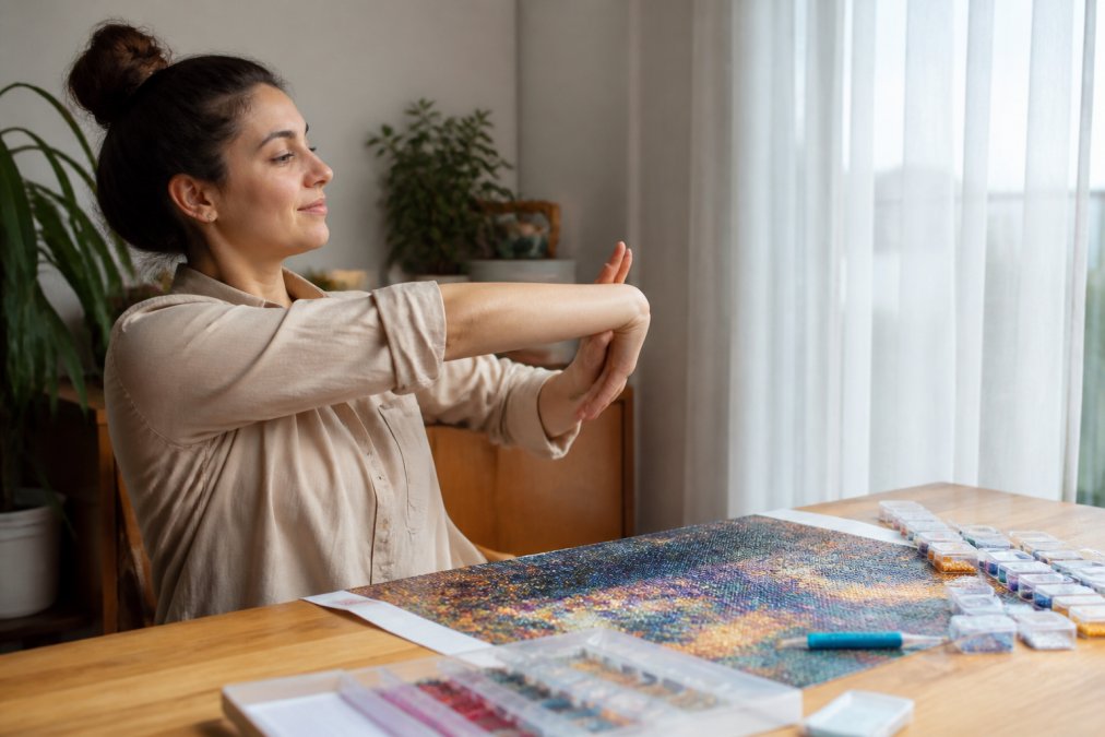Person demonstrating hand and wrist stretching at a crafting table with diamond painting supplies, showing proper form for relieving tension during breaks