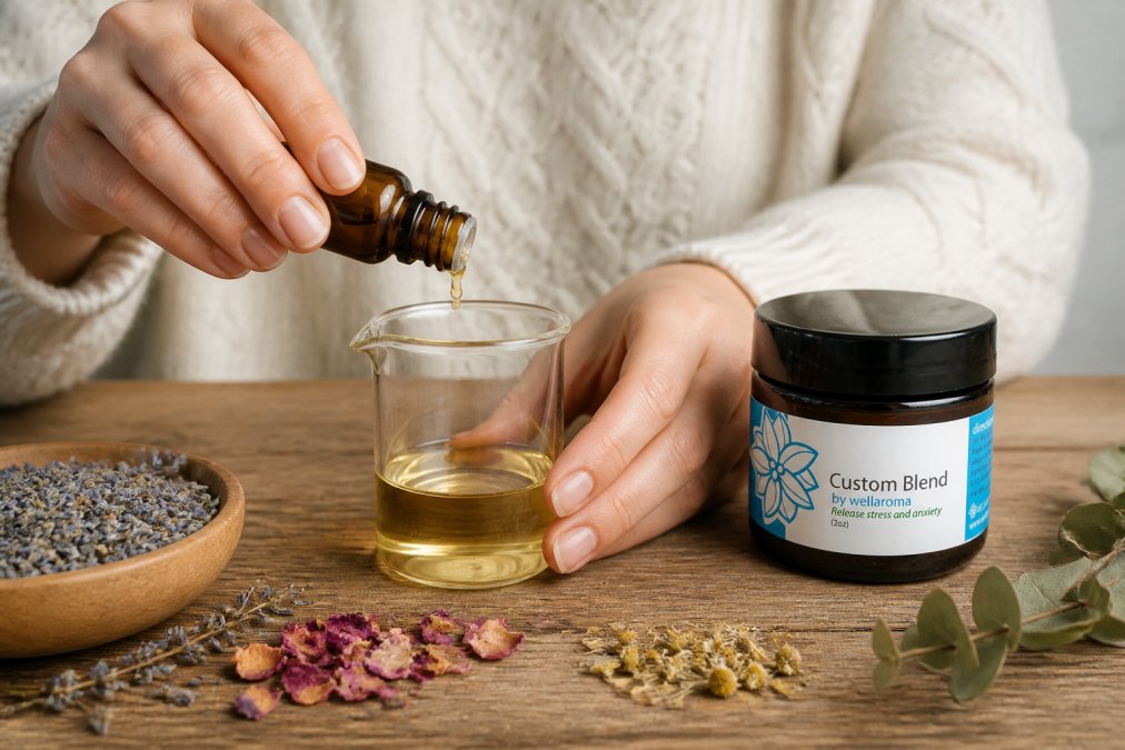 Close-up of hands adding drops from a small amber essential oil bottle into a glass blending vessel filled with a light carrier oil, set on a wooden table with dried botanicals nearby