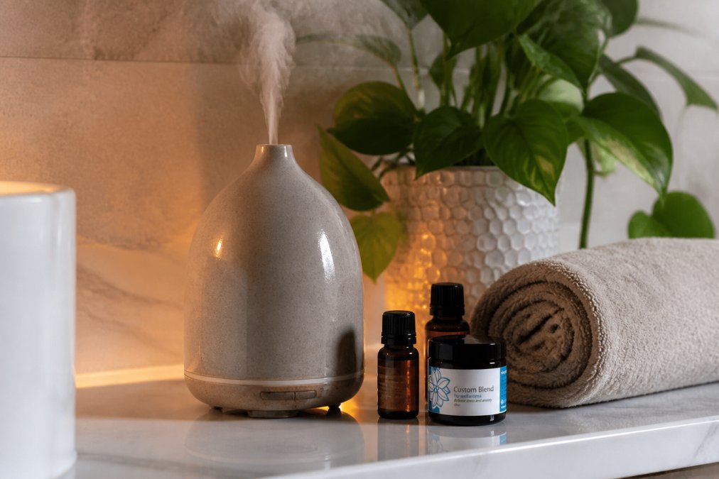 A ceramic ultrasonic diffuser releasing a soft mist on a bathroom shelf surrounded by small essential oil bottles, a rolled towel, and green plants in warm ambient lighting