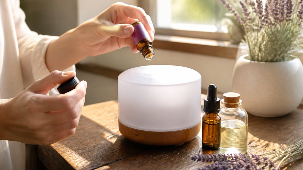 Hands opening a bottle of lavender essential oil over a portable ultrasonic diffuser with a small dropper and carrier oil bottle on a natural wood surface, morning light streaming through a window
