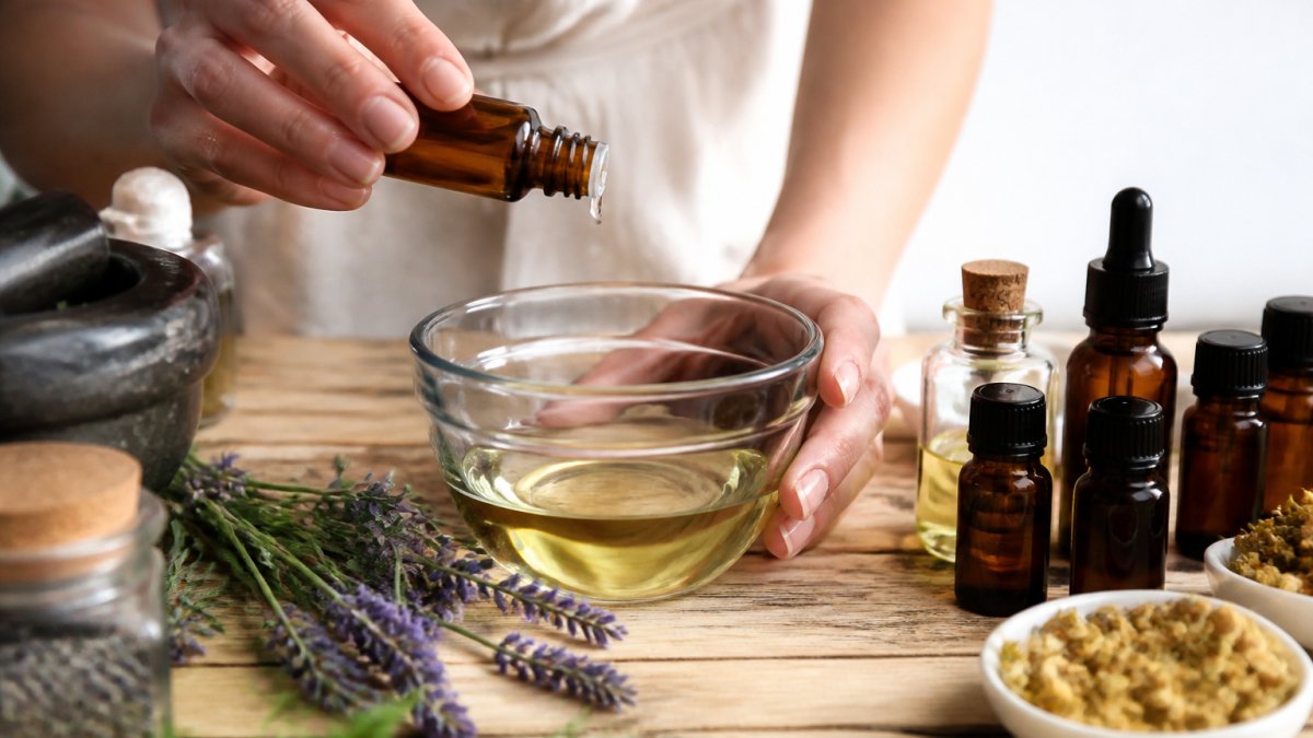 Hands blending essential oils in a small glass bowl with carrier oil, bottles of essential oils nearby on a wooden surface with natural lighting