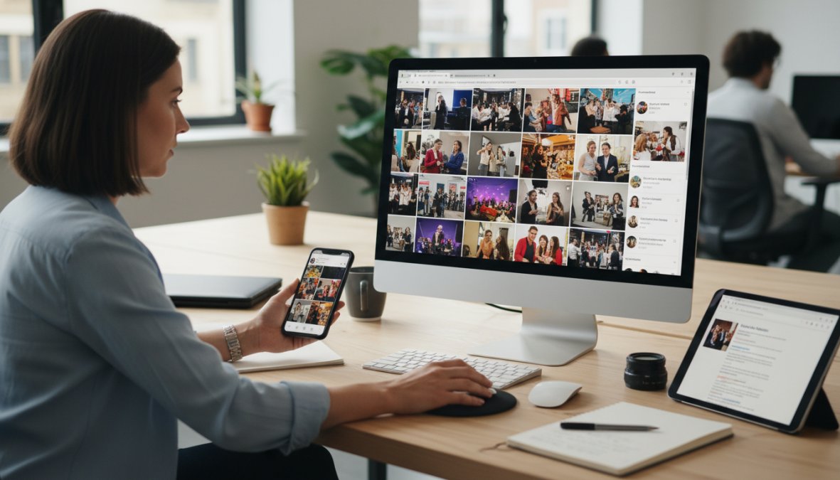 A marketing professional reviewing a grid of vibrant event photographs on a large monitor in a modern office, with a smartphone displaying a social media feed on the desk beside them, warm natural light coming through floor-to-ceiling windows