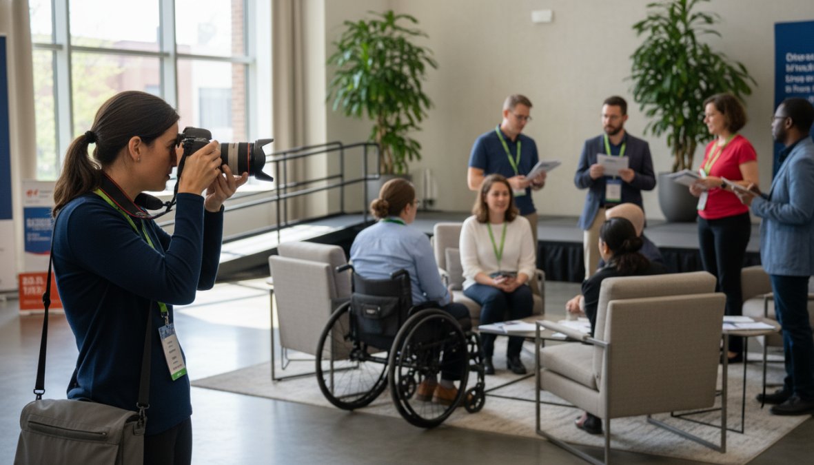 A professional photographer with a full-frame camera capturing candid moments at a corporate conference, with diverse attendees networking and conversing in a warmly lit event hall in the background, the photographer positioned at a low angle to capture natural expressions