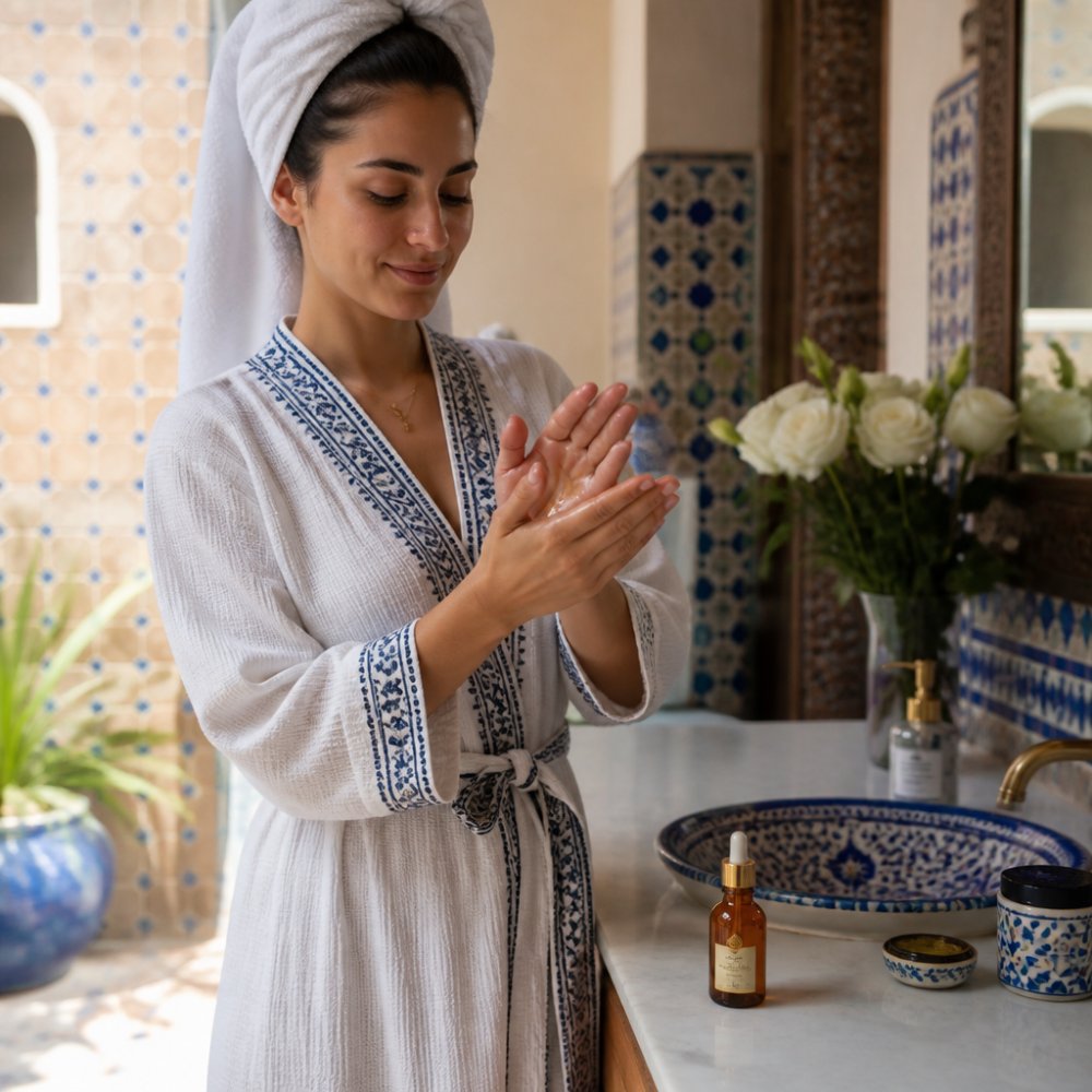 Close-up of a woman's hands warming amber face oil between her palms, with a small glass dropper bottle on a marble bathroom counter and soft natural light