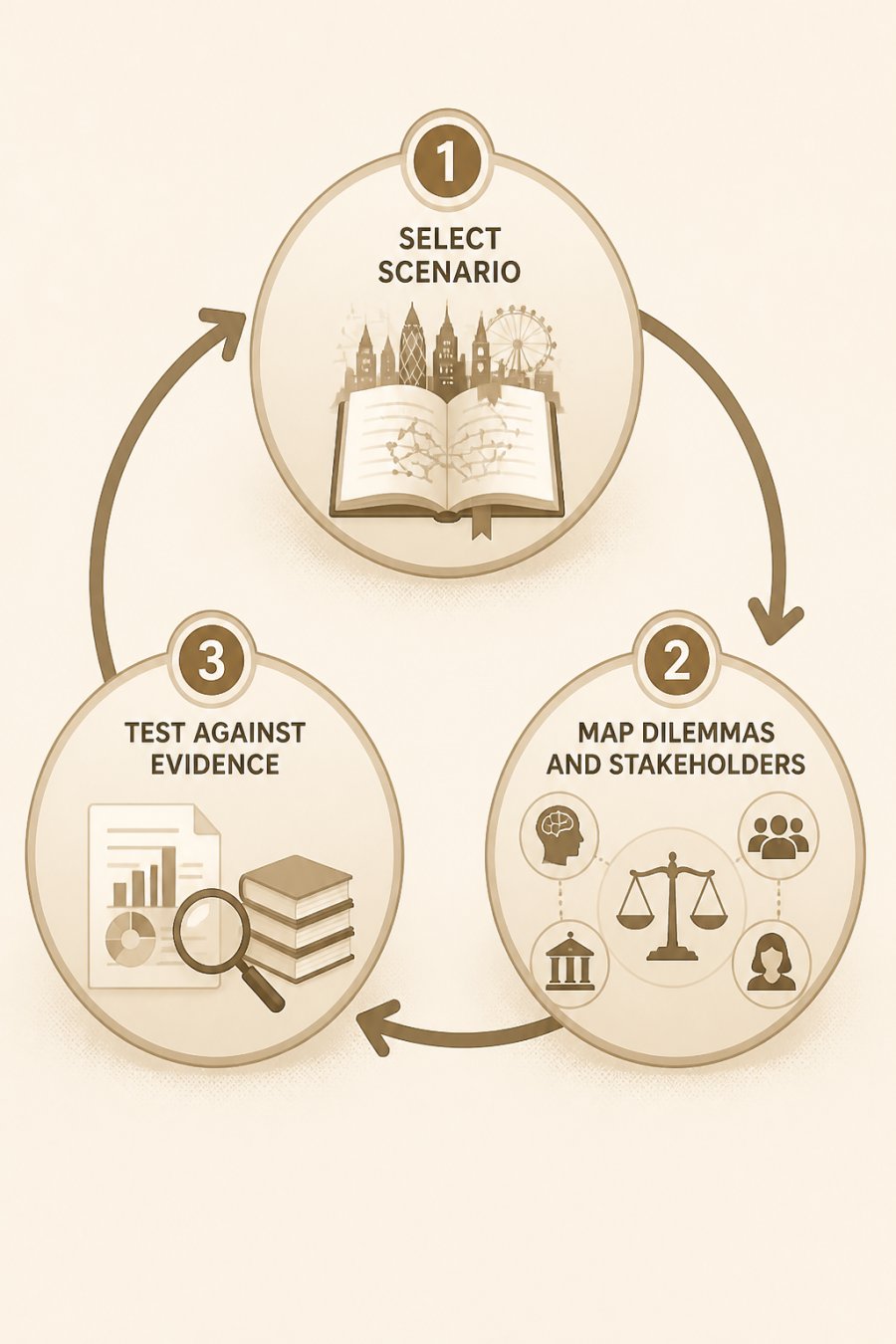 Three-step flowchart for turning fiction scenarios into a bioethics policy discussion loop.