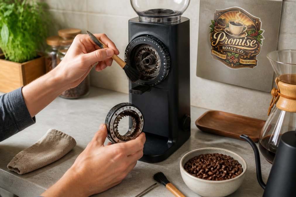 Hands using a brush to clean oily residue from a burr grinder after grinding flavored coffee beans