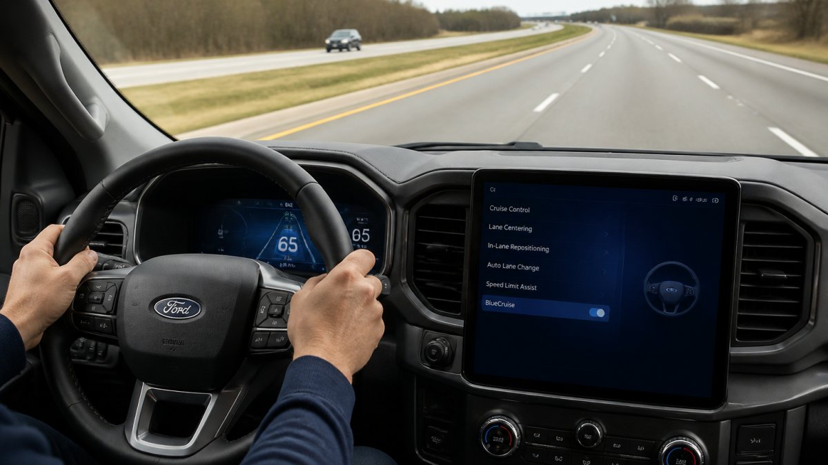 Driver's hands positioned on steering wheel inside 2026 Ford vehicle cabin, with SYNC dashboard display showing BlueCruise activation menu and mapped highway visible through windshield ahead