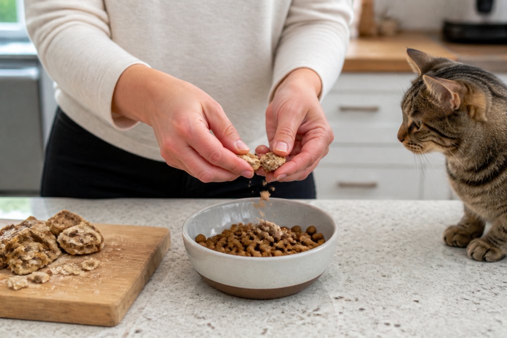 A person's hands crumbling a freeze-dried liver treat over a bowl of cat kibble on a kitchen counter, with a cat watching nearby