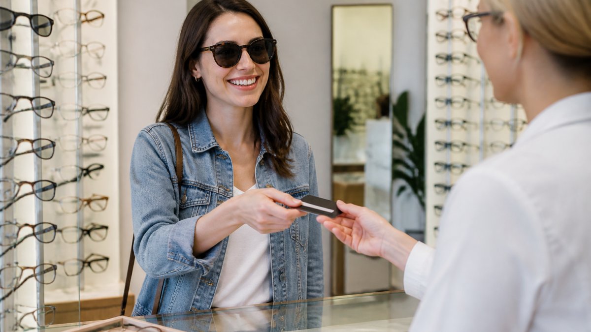 A person at an optical shop counter handing a flexible spending account card to a staff member while trying on prescription sunglasses, with frames displayed on stands nearby