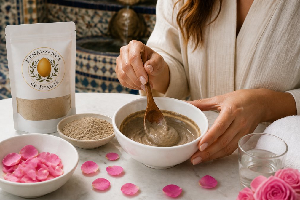 Hands mixing mineral-rich ghassoul clay powder with rose water in a white ceramic bowl using a wooden spoon, creating a silky paste, with fresh rose petals and a glass of water nearby on a marble counter