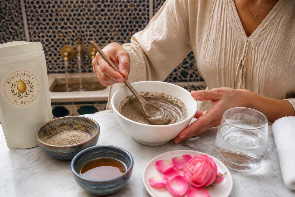 Process diagram showing steps for Hands for how to use ghassoul clay for face detox