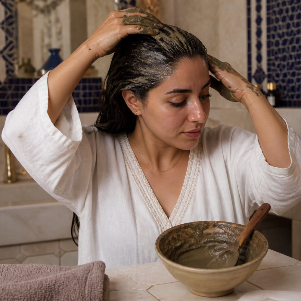 Close-up of a woman's hands applying a smooth green-brown clay paste to her scalp and hair roots in a bright bathroom with natural light, a ceramic bowl of mixed clay and a wooden spoon on the counter beside her