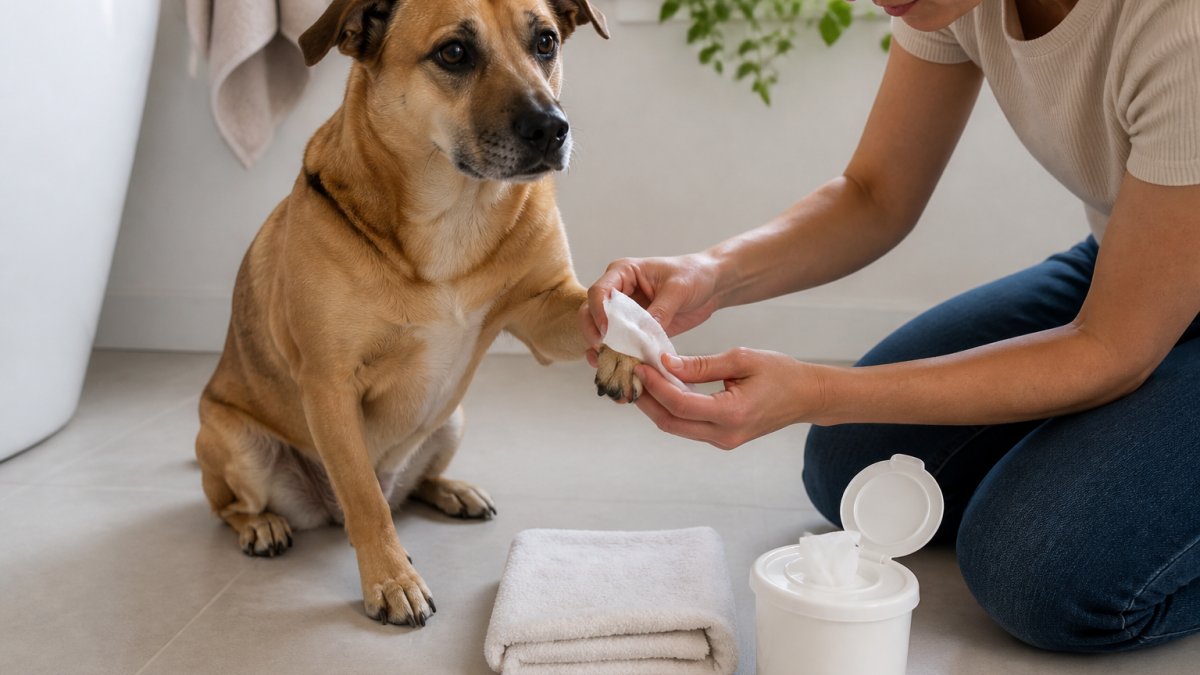 A calm medium-sized dog sitting on a light-colored bathroom floor while a person gently wipes its front paw with a grooming wipe, a folded towel and an open wipe container nearby, soft natural window light