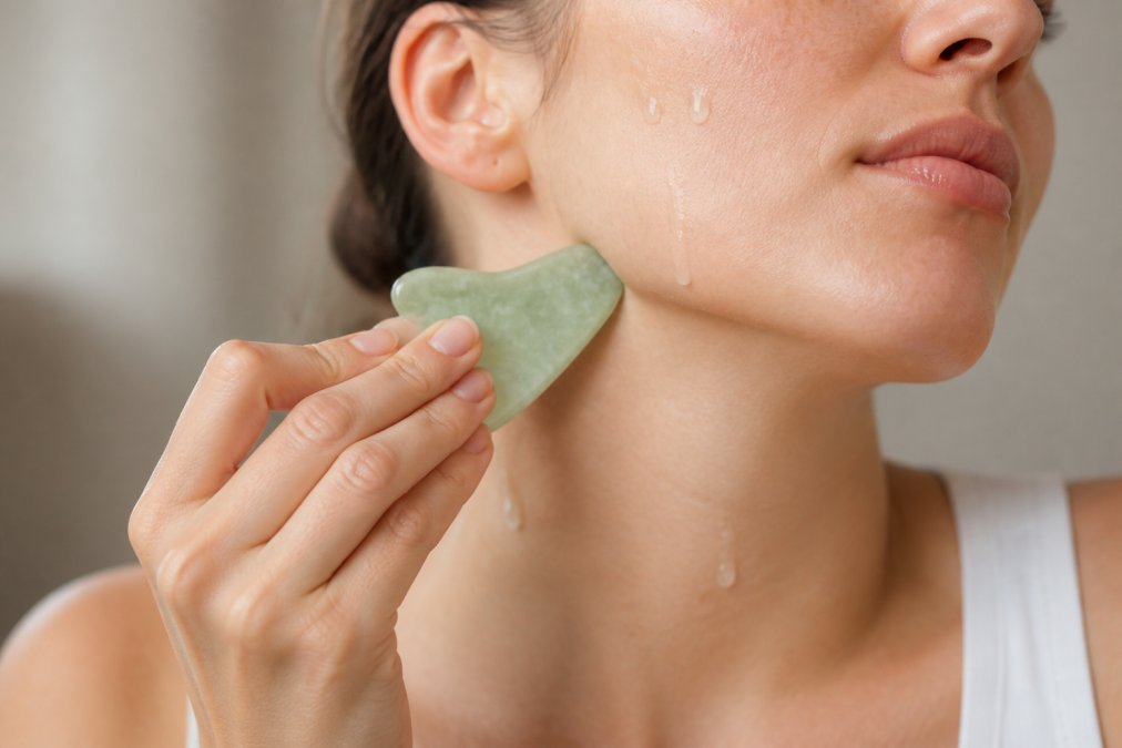 Woman holding a jade gua sha tool at a thirty-degree angle against her jawline with facial oil applied