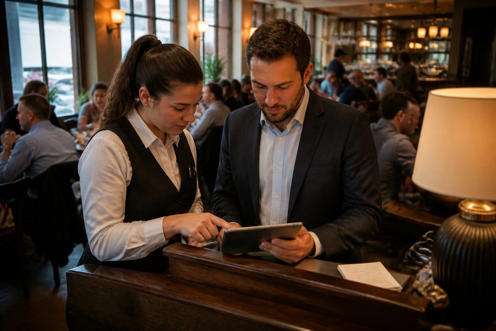 A restaurant manager and a server reviewing notes on a tablet by the host stand in a busy, warm dining room with soft evening light