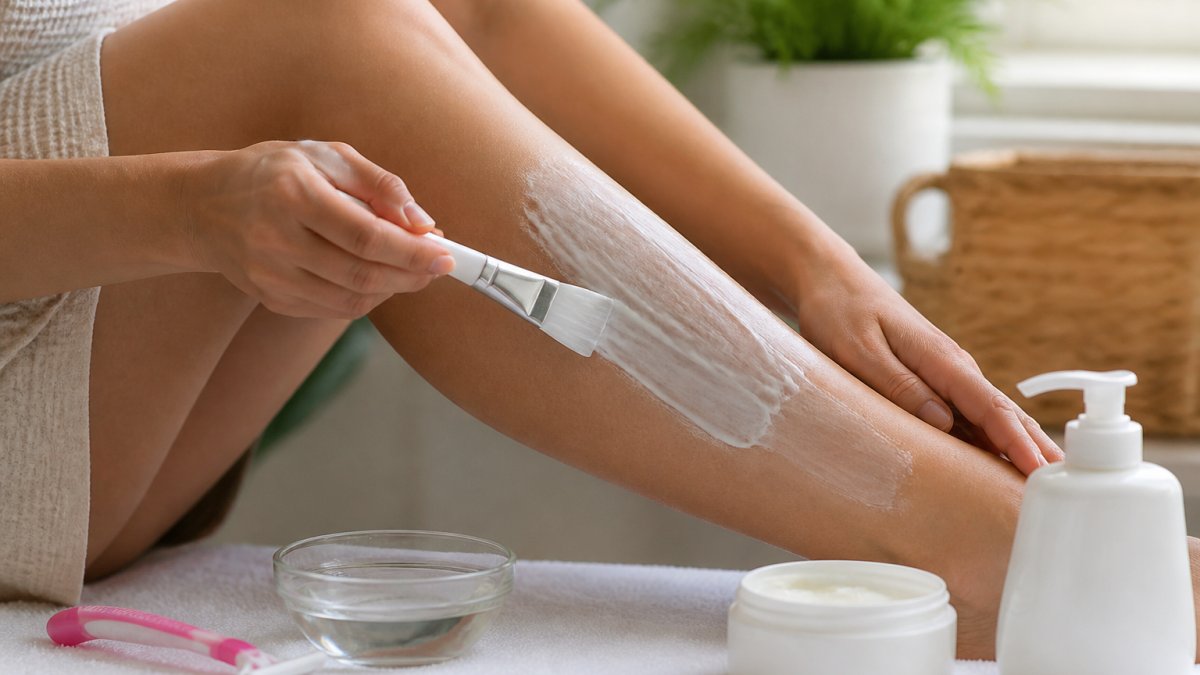 Close-up of hands applying cream evenly to leg skin with smooth, even strokes using applicator brush in natural lighting