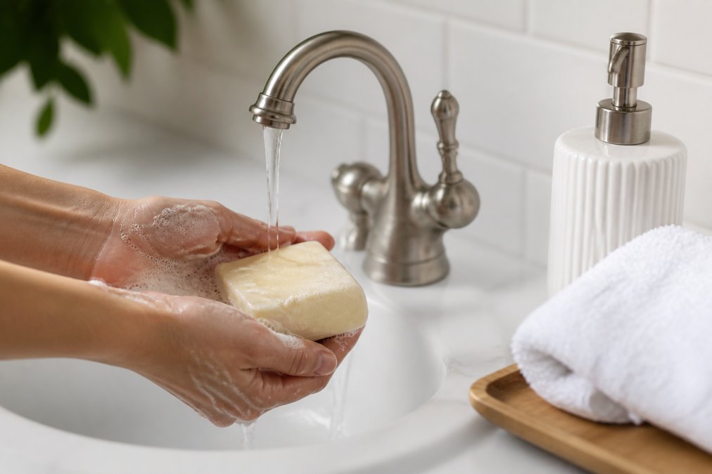 Hands gently lathering a creamy handmade soap bar under lukewarm water to learn how to use handmade soap for eczema relief