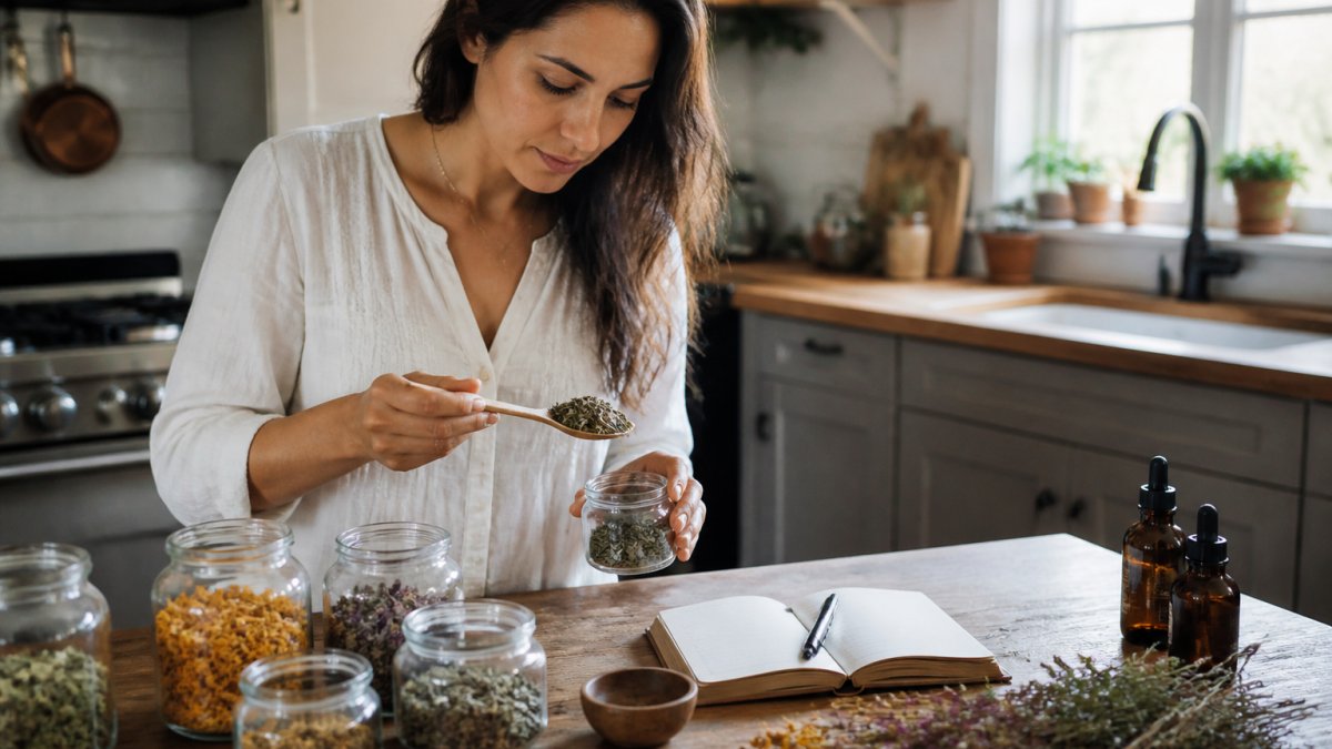 Woman measuring dried herbs into a glass jar while tracking her cycle in a bright kitchen