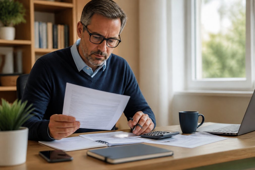 Professional in business casual attire reviewing retirement savings documents and investment statements at a desk with a laptop, calculator, and financial planning materials in natural office lighting