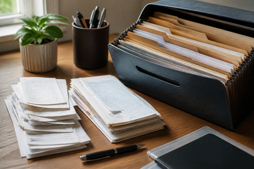 Close-up of organized medical receipts, insurance statements, and documents filed in labeled folders on a home office desk with a filing system and pen