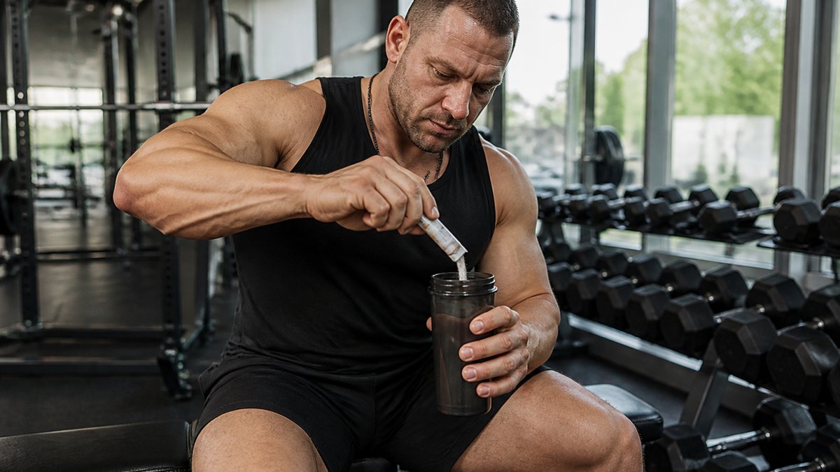 A muscular athlete in a gym mixing an electrolyte stick pack into a shaker bottle filled with water, with dumbbells and a bench visible in the background