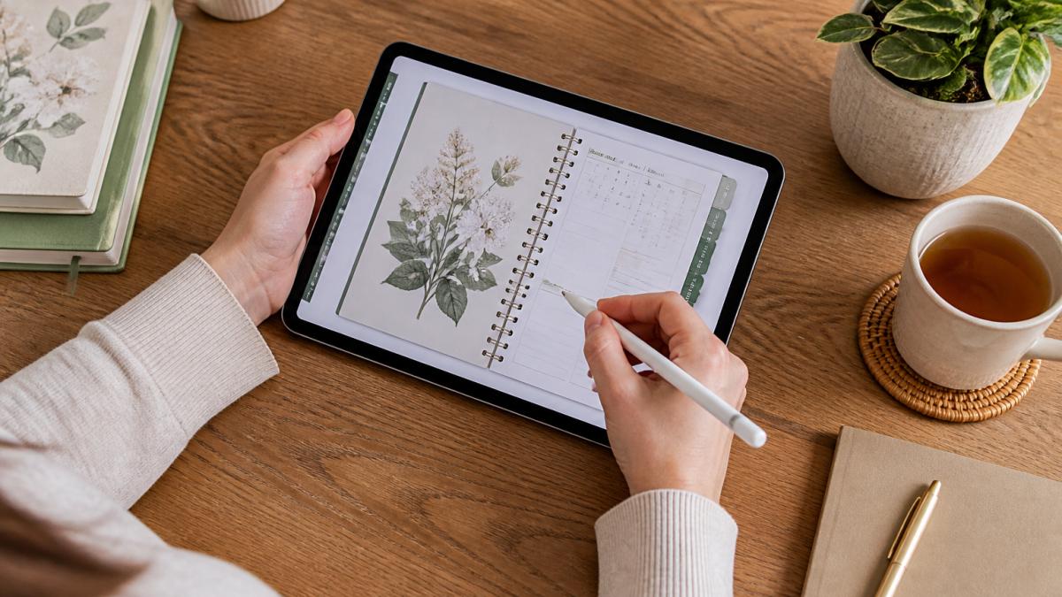 Person holding a tablet with a botanical page of hyperlinked digital planners on a wooden desk with tea.
