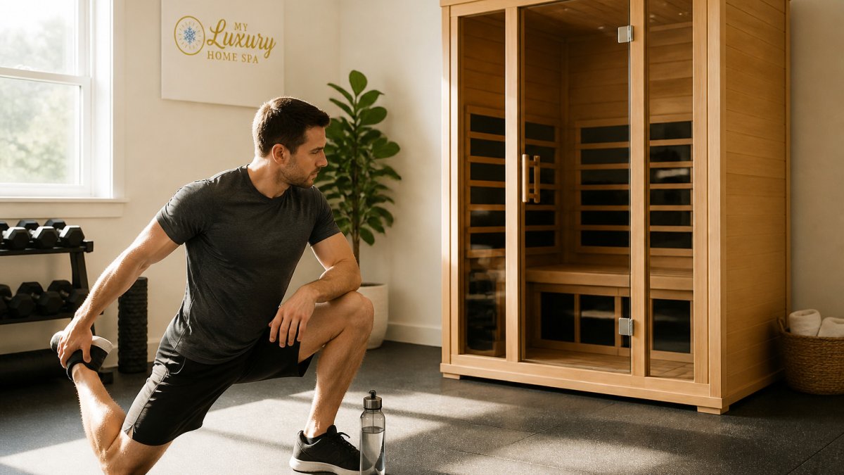 Athlete stretching beside a wooden infrared sauna in a home wellness and training space