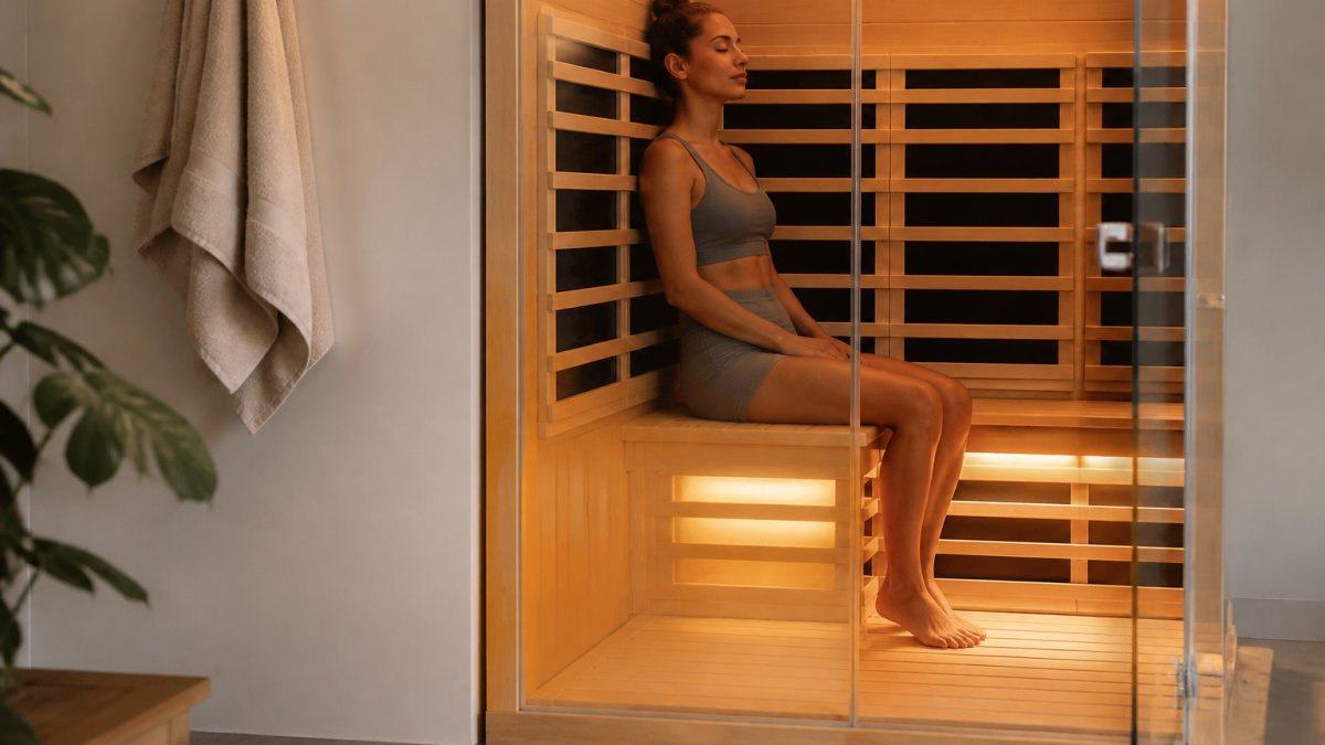 Person relaxing inside a modern infrared sauna cabin with warm ambient lighting, towel draped nearby, showing a calm and controlled environment