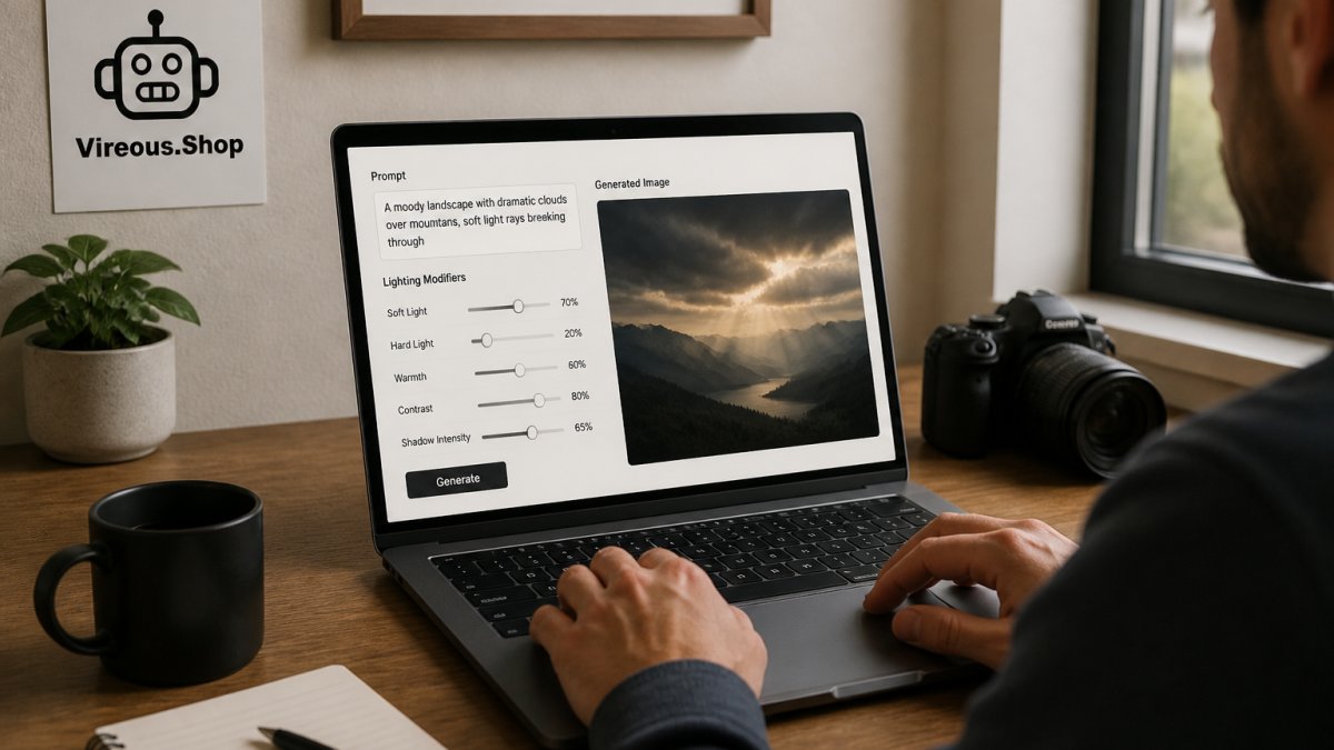 Professional designer's hands working at laptop displaying AI art generator interface with lighting modifier controls and prompt text visible on screen in modern workspace