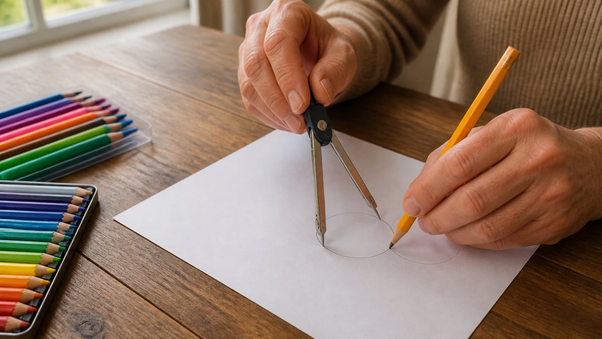 Hands holding a pencil and compass, drawing the first circle of a mandala on white square paper, with colored pencils and markers arranged nearby on a wooden table with natural window light