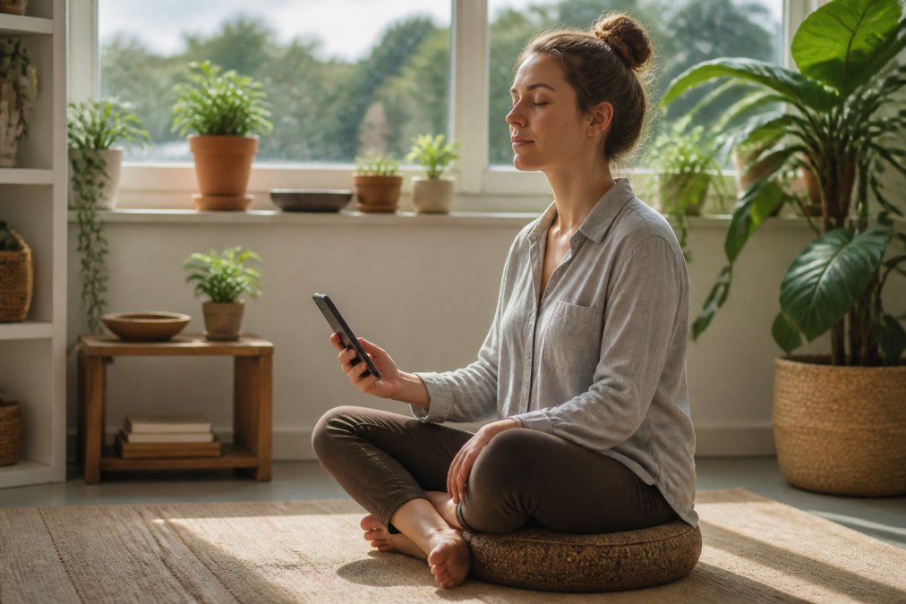 A person sitting cross-legged on a buckwheat meditation cushion at home in soft morning light, holding a smartphone with a meditation app open and eyes gently closed