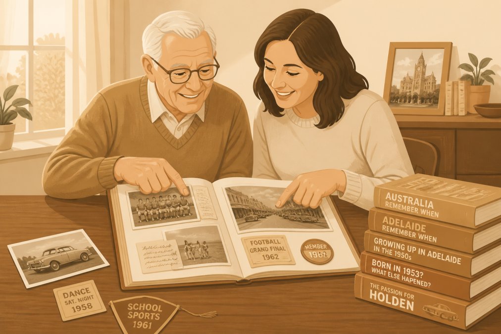 An older adult and family member sitting together at a wooden table in natural afternoon light, looking through an open memory book with vintage photographs and memorabilia visible, both smiling and pointing at images on the page