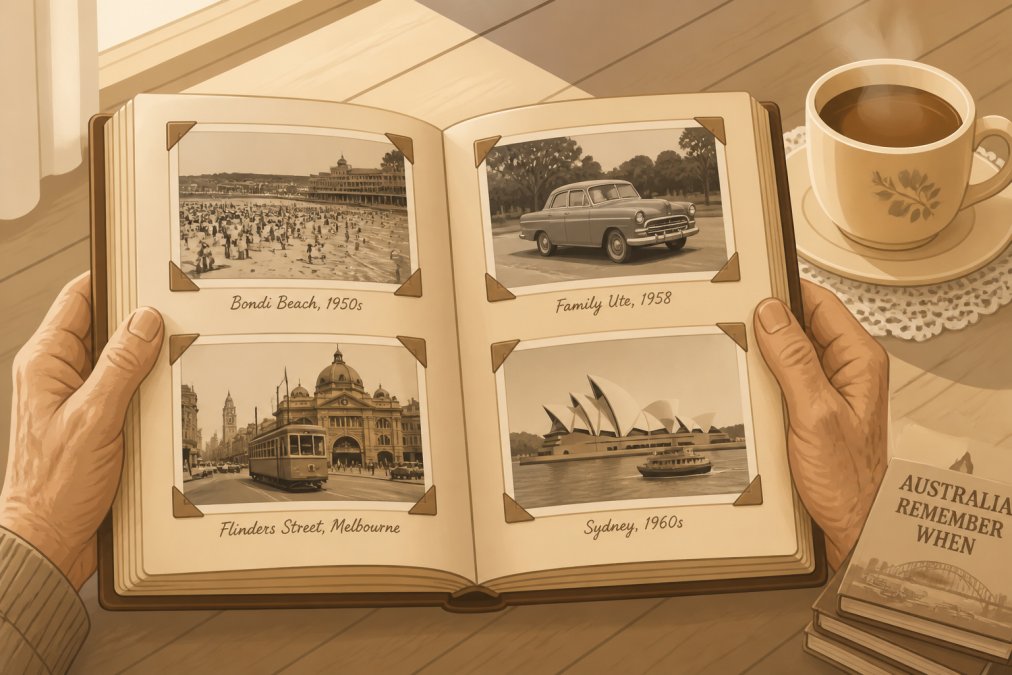 Close-up of weathered hands holding an open memory book displaying vintage Australian photographs and handwritten captions, with a cup of tea steaming gently on a nearby wooden table, soft morning light streaming across the scene