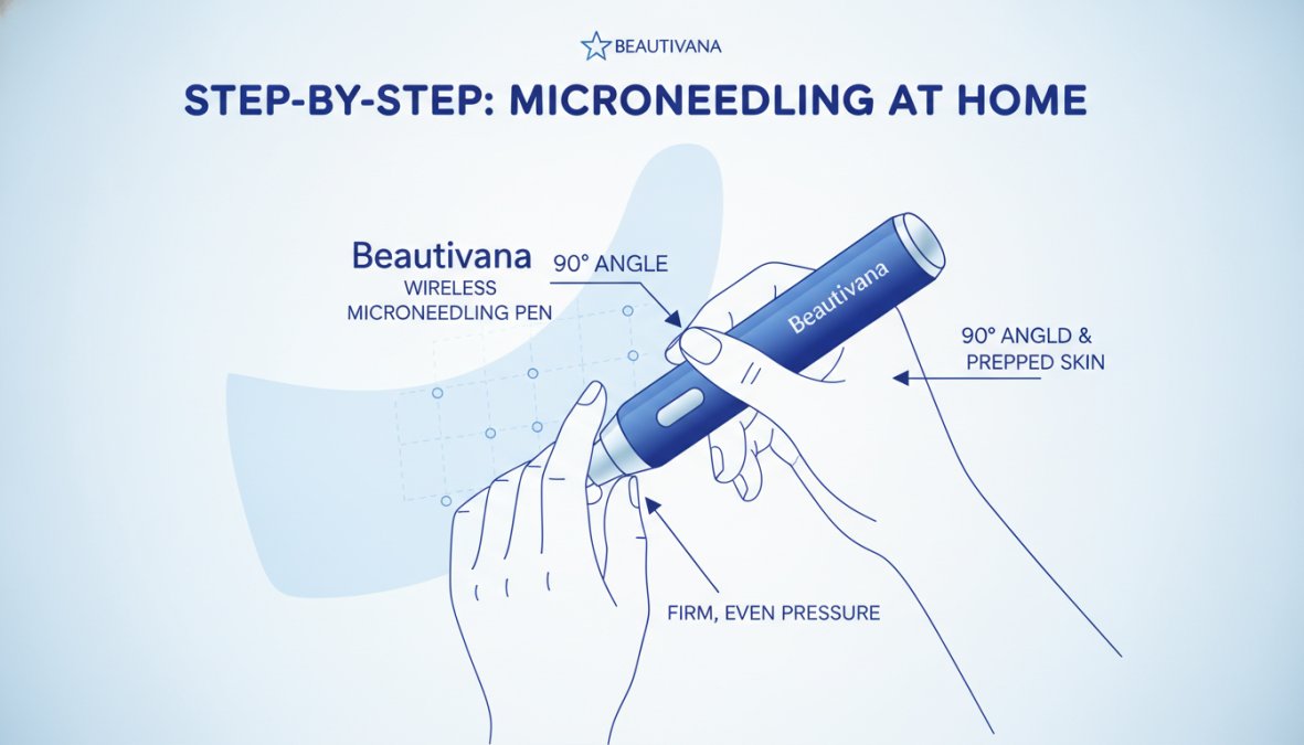 Close-up of hands holding a wireless microneedling pen over clean, prepped facial skin with proper 90-degree angle and grip, showing serum application during treatment