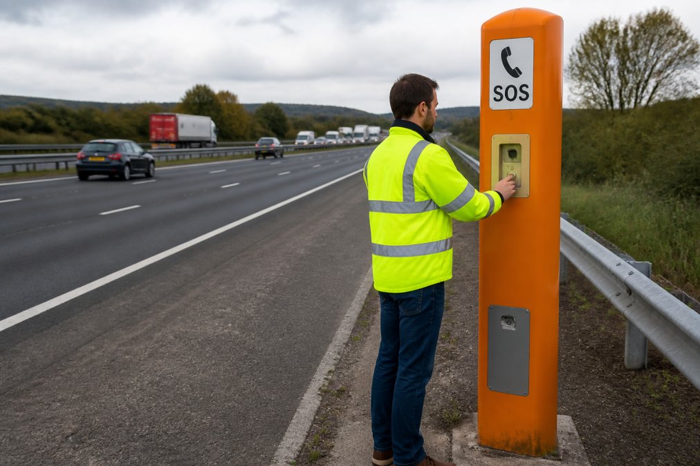 How to Use Motorway Emergency Phones Correctly Stranded driver using a bright orange motorway emergency phone on the hard shoulder as traffic passes by.