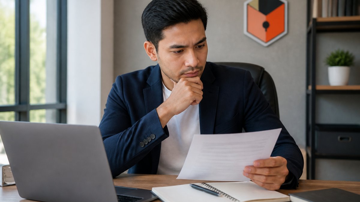 Professional entrepreneur at a desk reviewing digital contract on computer screen with notebook and pen nearby, careful focused expression, natural office lighting