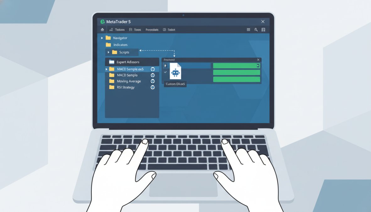 Close-up of hands on a laptop keyboard with MetaTrader 5 platform open on screen, showing the Navigator panel with the Expert Advisors folder expanded, warm desk lamp lighting in a focused home office setting