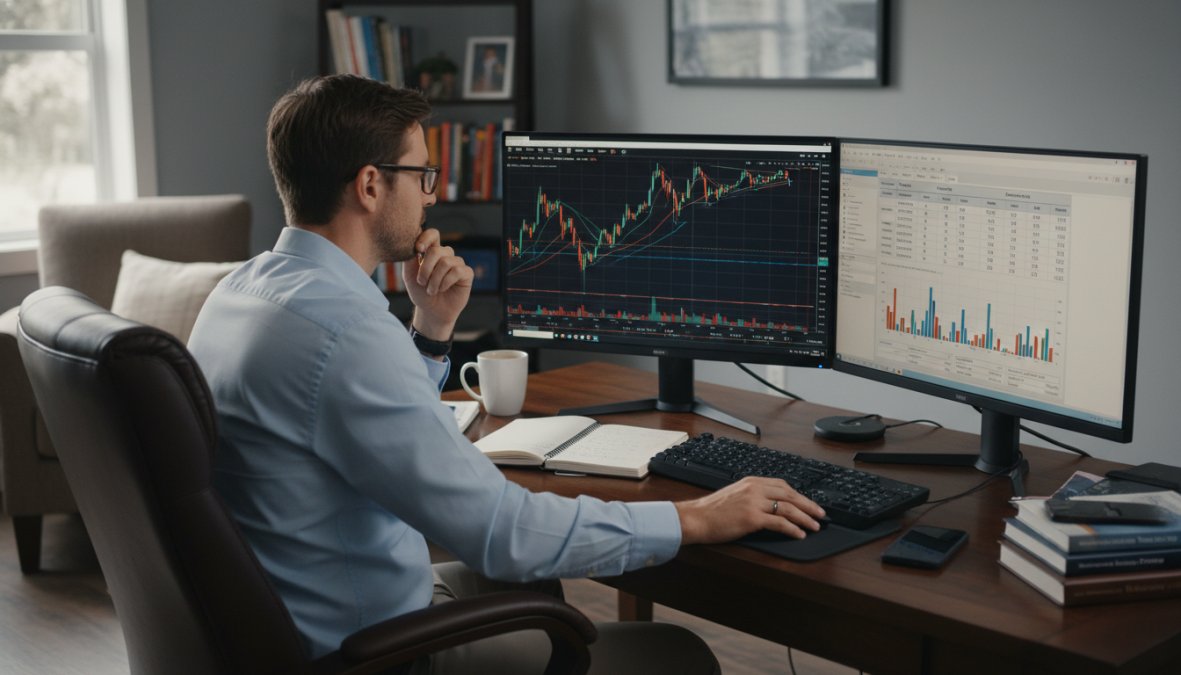 Trader sitting at a dual-monitor desktop setup reviewing trading performance results and historical charts in a focused home office, natural window light illuminating the screens, coffee cup on the desk