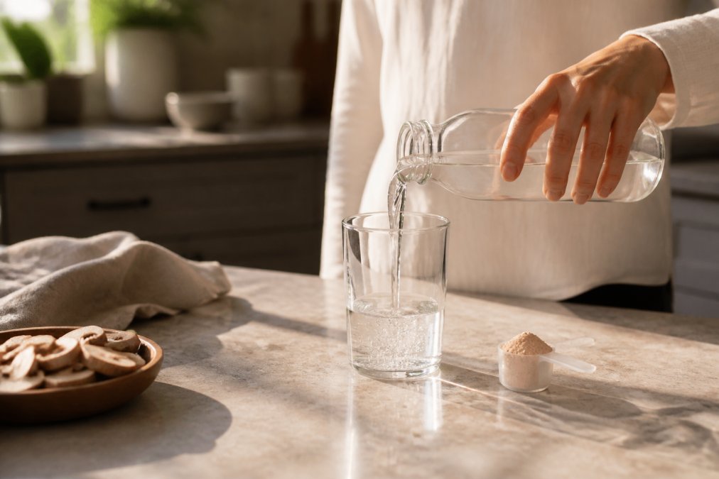 A hand pouring water from a glass bottle into a clear glass on a sunlit kitchen counter, with a small scoop of powder beside it and natural light casting soft shadows