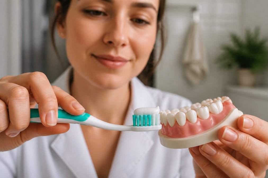 Professional demonstrating proper pea-sized amount of white nano-hydroxyapatite toothpaste on soft-bristled toothbrush held at 45-degree angle, positioned over lower gum line in natural clinical lighting