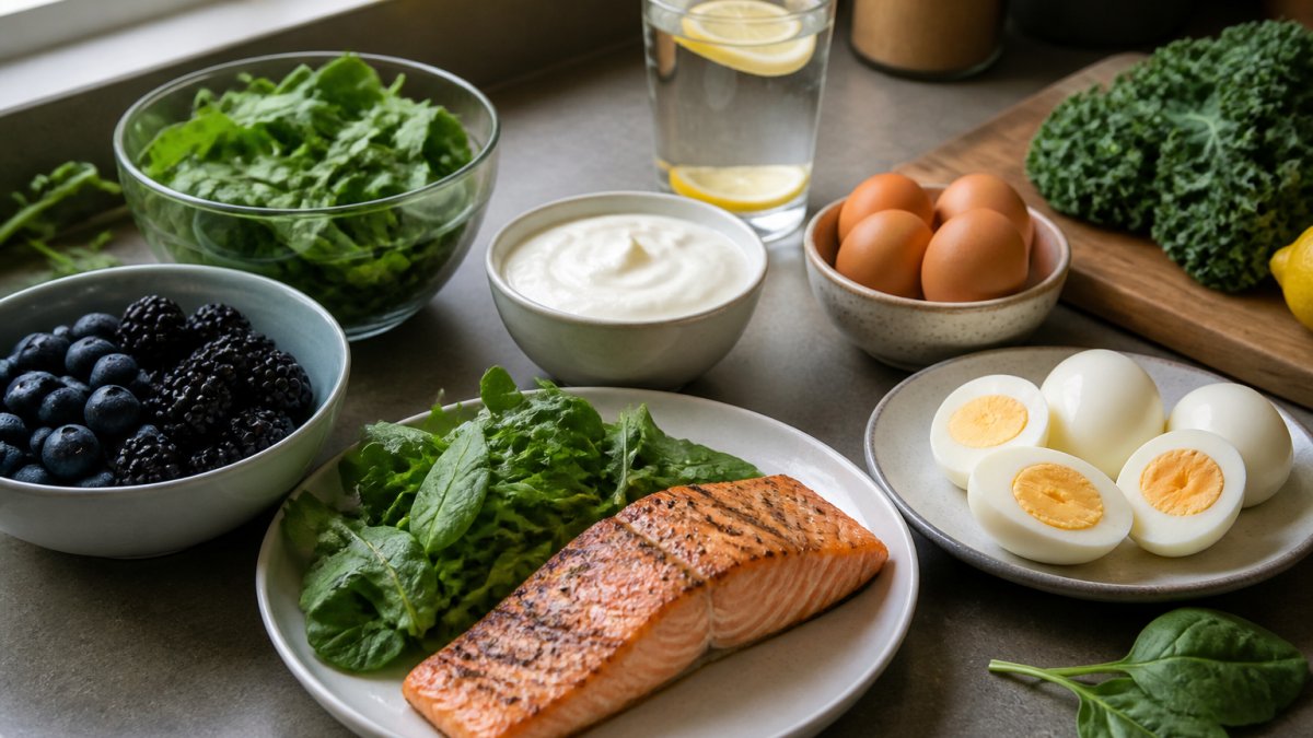 A colorful spread of whole foods on a kitchen counter: grilled salmon, eggs, dark berries, leafy greens, Greek yogurt, and a glass of water with lemon, shot in natural daylight