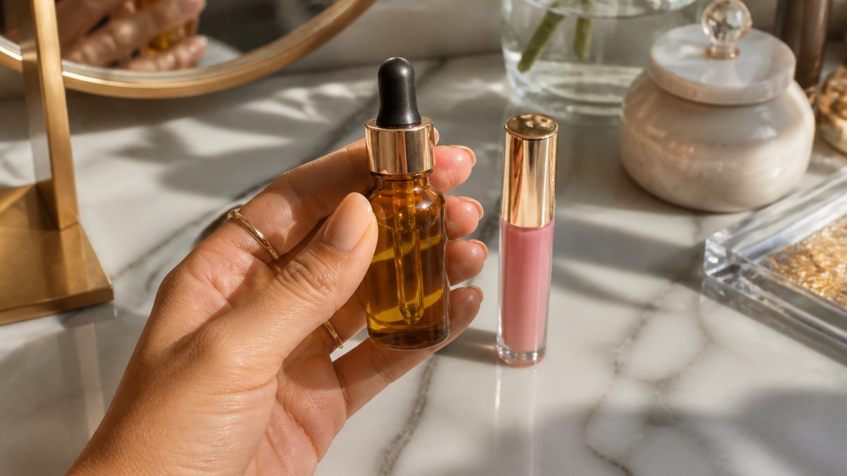 Close-up of a woman's hand holding a small amber glass dropper bottle of golden oil beside a glossy lip product on a marble vanity, soft natural light