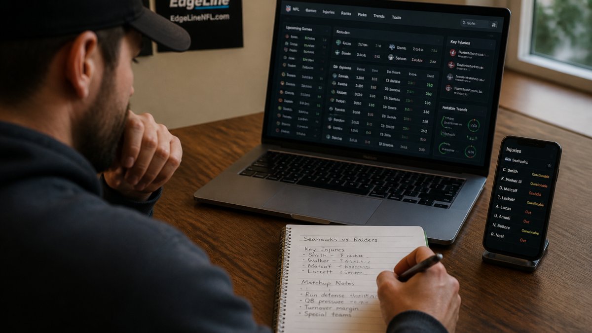 Workflow diagram showing a fan using laptop stats and phone injury reports to build a matchup preview.