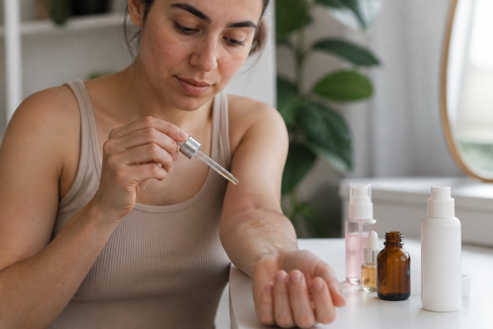 Close-up of a woman with sensitive skin applying a small drop of serum to her inner forearm, soft natural light, skincare bottles blurred in background, calm and careful expression