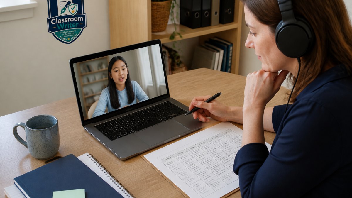 Teacher wearing headphones reviewing a language learning student's recorded oral response using a grading rubric